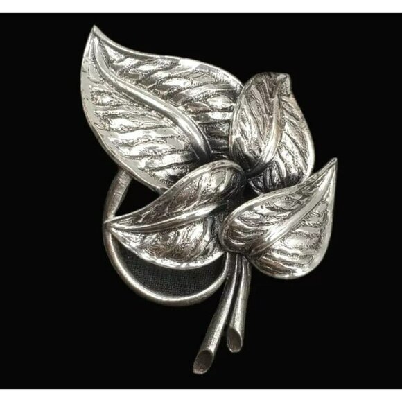 Tortolani Leaf Brooch Layered Leaves Silver Tone Pin Botanical Cluster 3.5" MCM - Picture 2 of 10